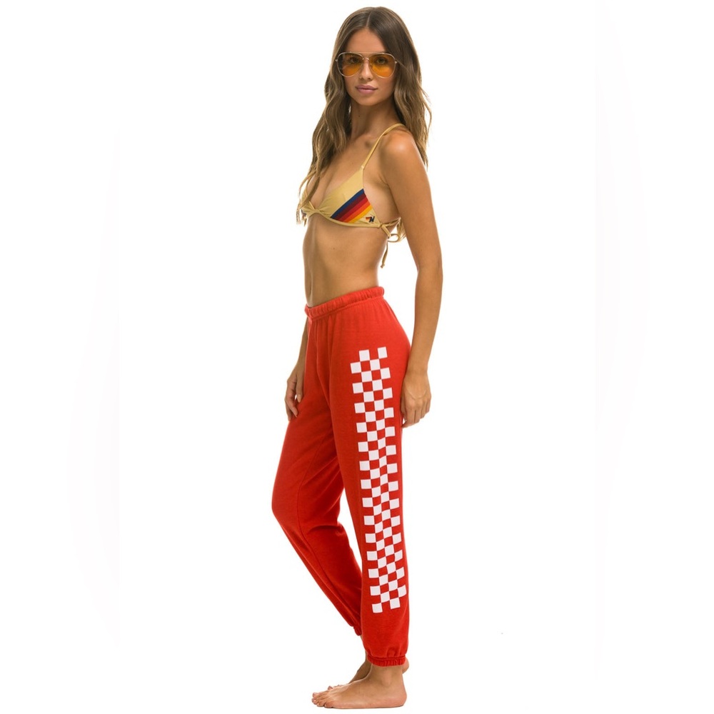 Aviator Nation Sweats Sweatpants Cherry Red & White Check Leg Checker Large EUC